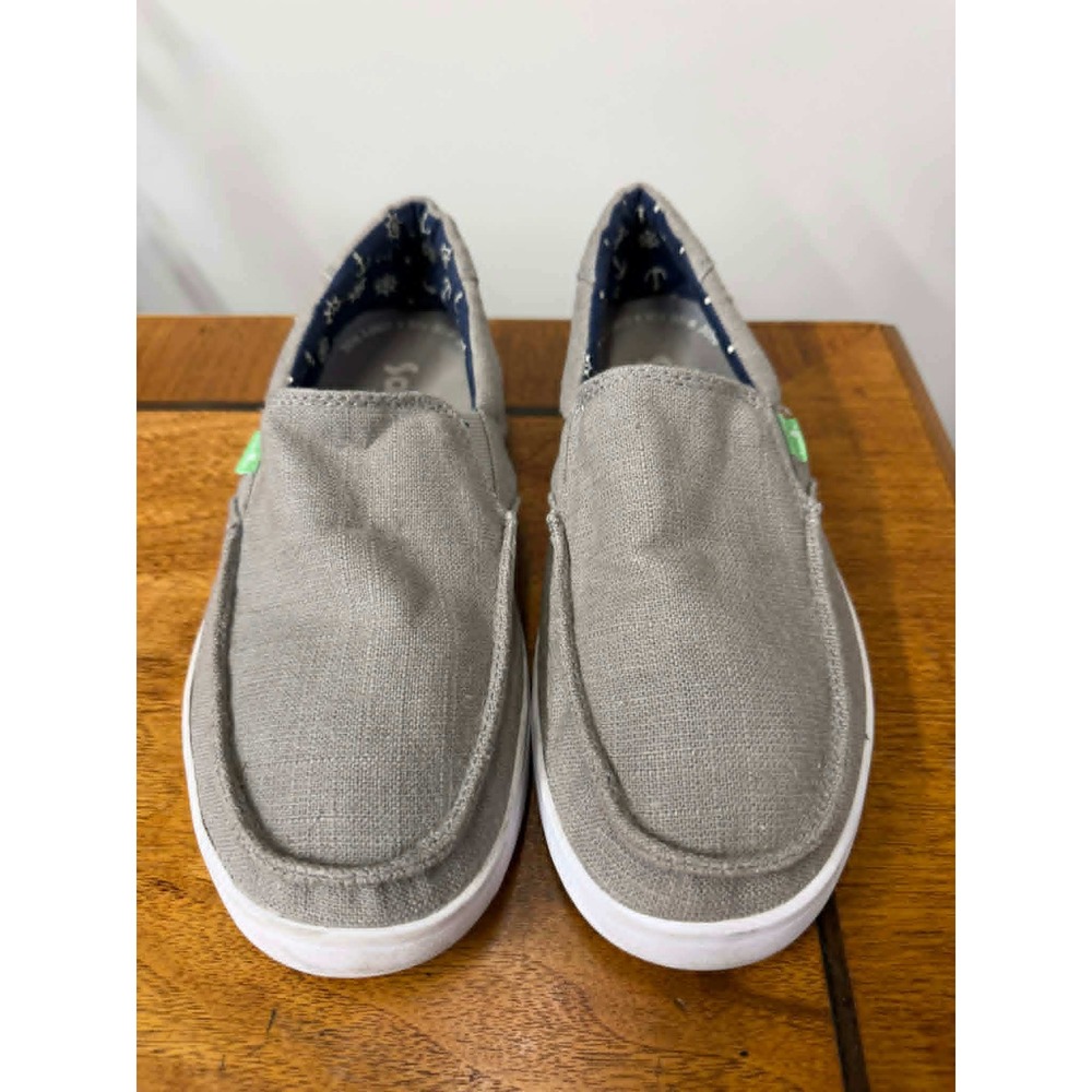 Sanuk Mens 9 Grey Canvas Slip On Loafers Nautical Anchor Print Lining C